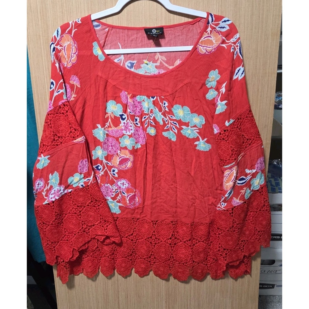 CURATIONS Sz M Ladies Red Floral Peasant Crochet Hem Boho Poet Sleeve Tunic Top